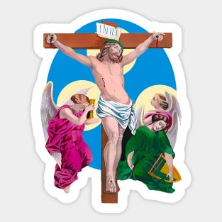 Angels weep at the feet of Jesus Christ crucified Sticker